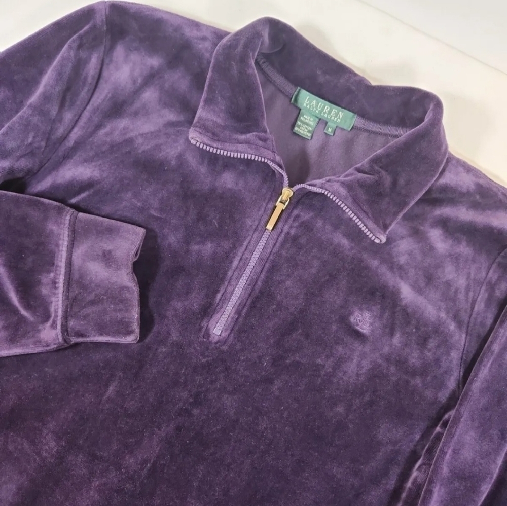 LAUREN Ralph Lauren Womens M Purple Velvet 1/4 Zip Pullover Sweater With Pockets
